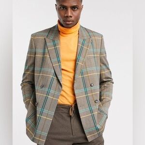 ASOS Men's Blazer in Gray with Yellow and Blue Plaid